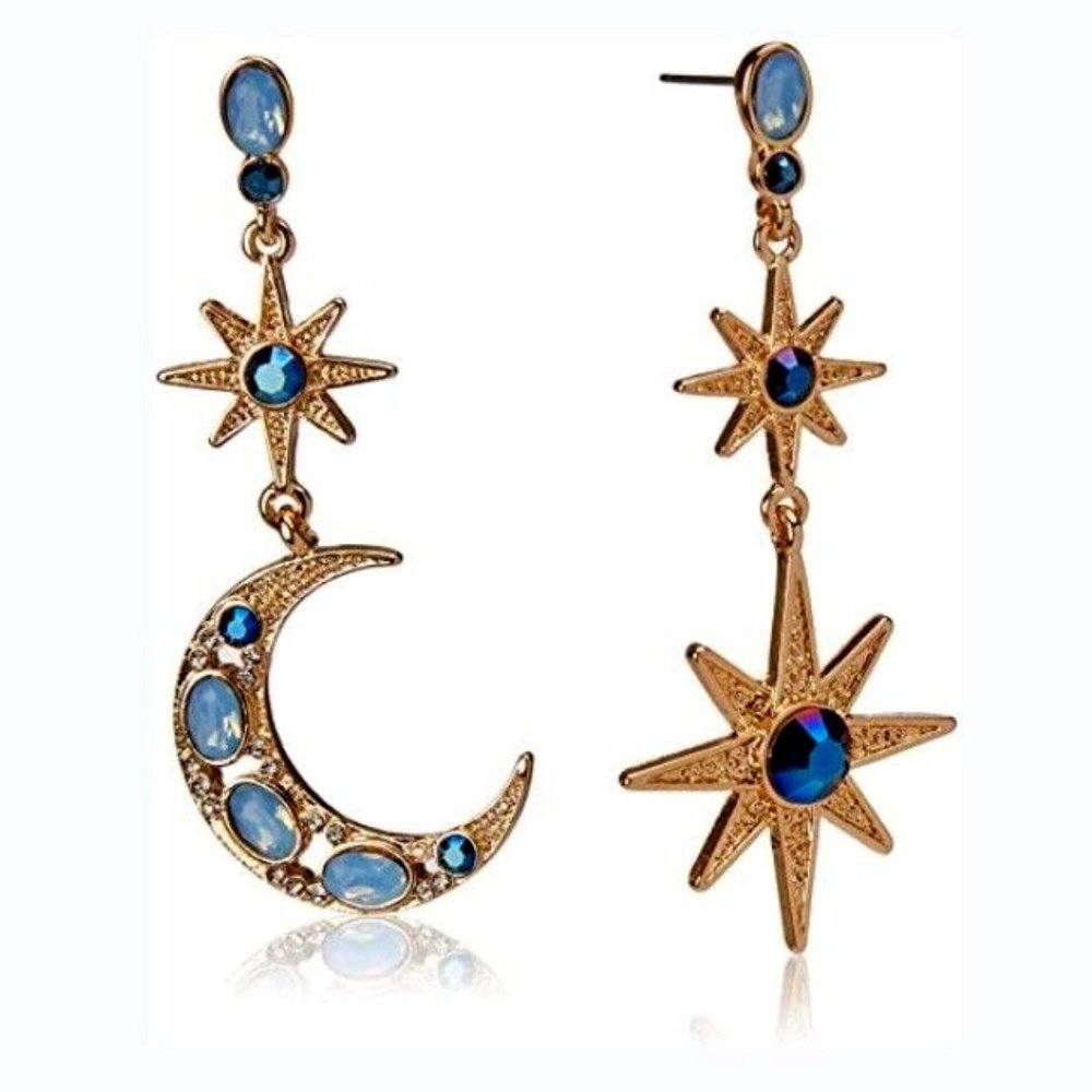 Betsey Johnson Gold Moon & Star Dangle Earrings with Blue-Green Stones - Picture 3 of 3
